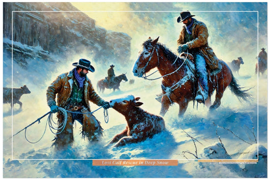 Painting of two cowboys in a snowy landscape with a horse and a dog.