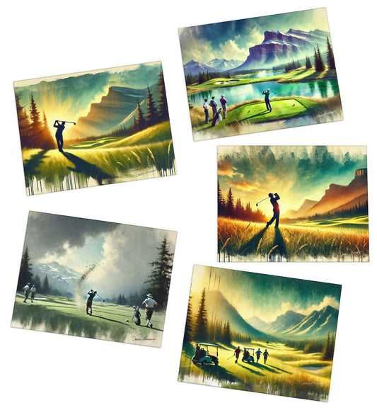 Set of five scenic golf postcards with mountains and golfers.