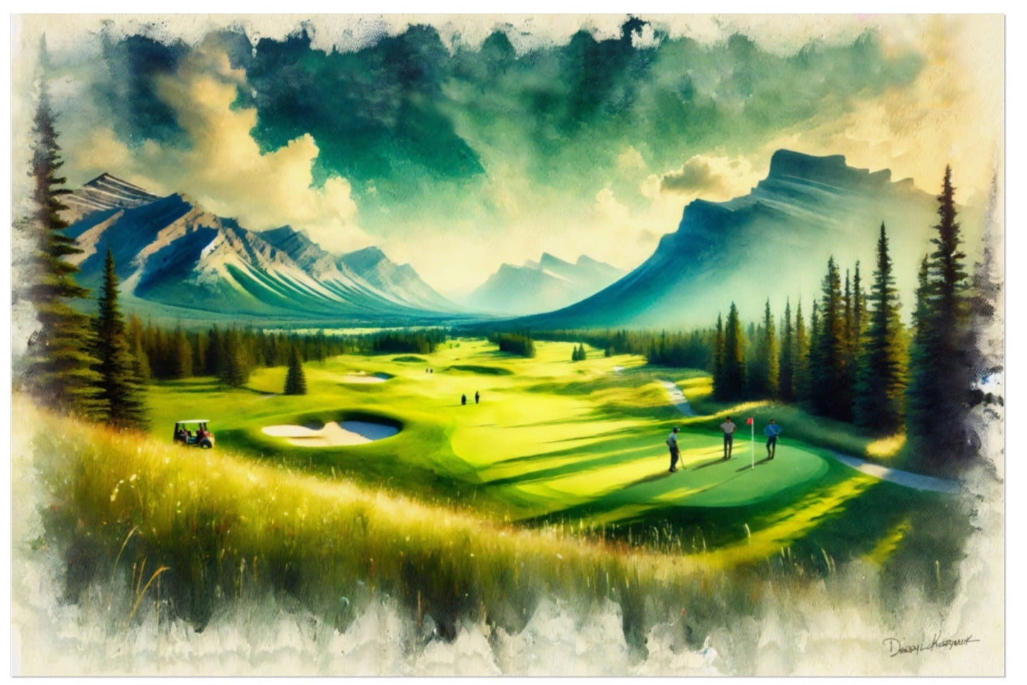 Golf course with mountains and trees in the background