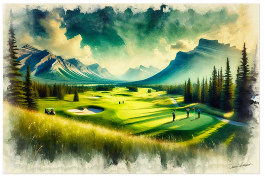 Golf course with mountains and trees in the background
