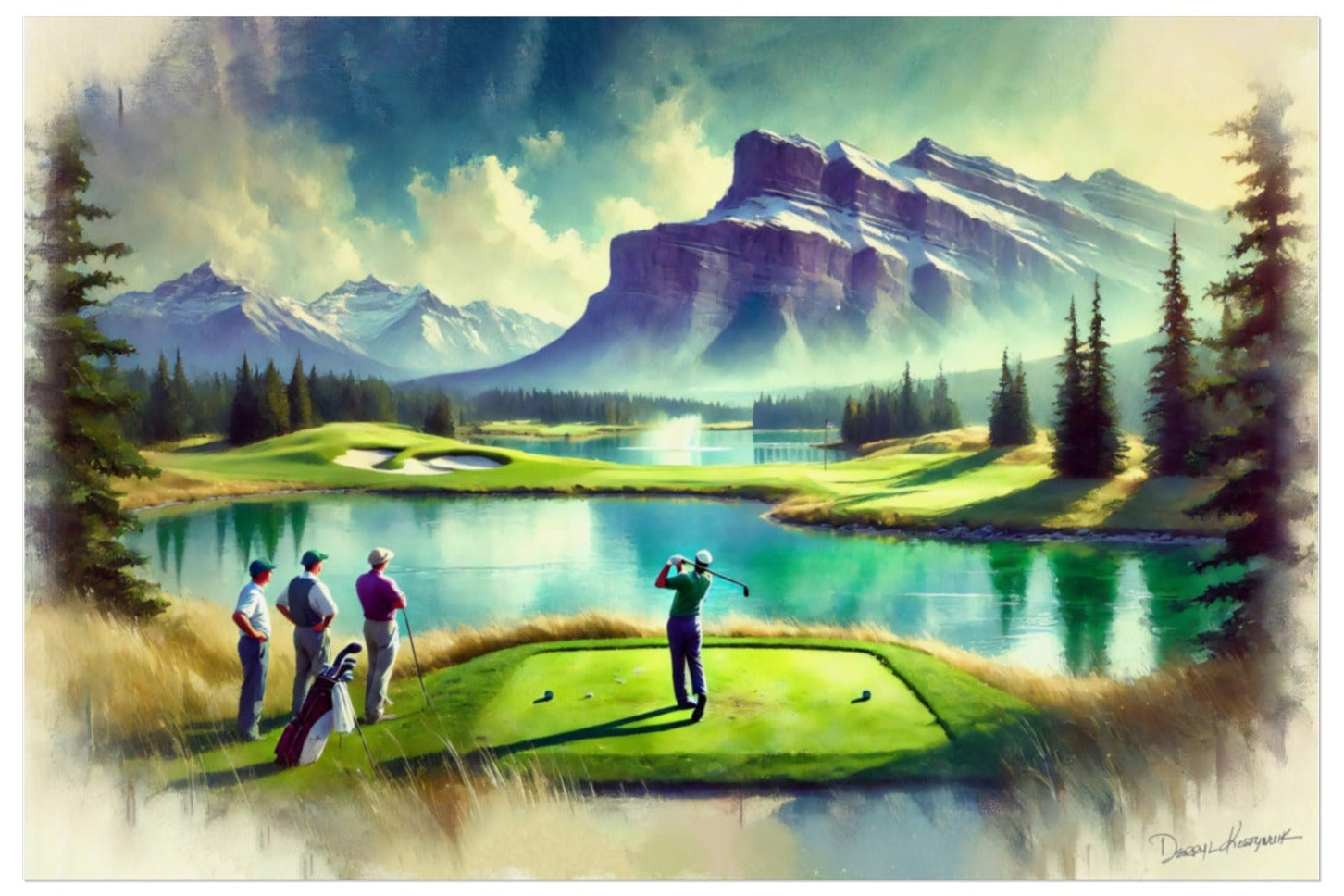 Golfers on a golf course with mountains and water in the background