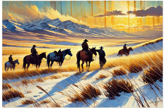 Painting of cowboys on horseback in a snowy landscape with mountains at sunset.