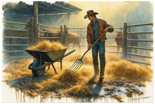Painting of a cowboy with a wheelbarrow and pitchfork in a barn setting