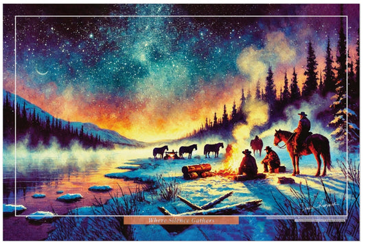 Scenic painting of a campfire by a lake with horses and cowboys under a starry sky.
